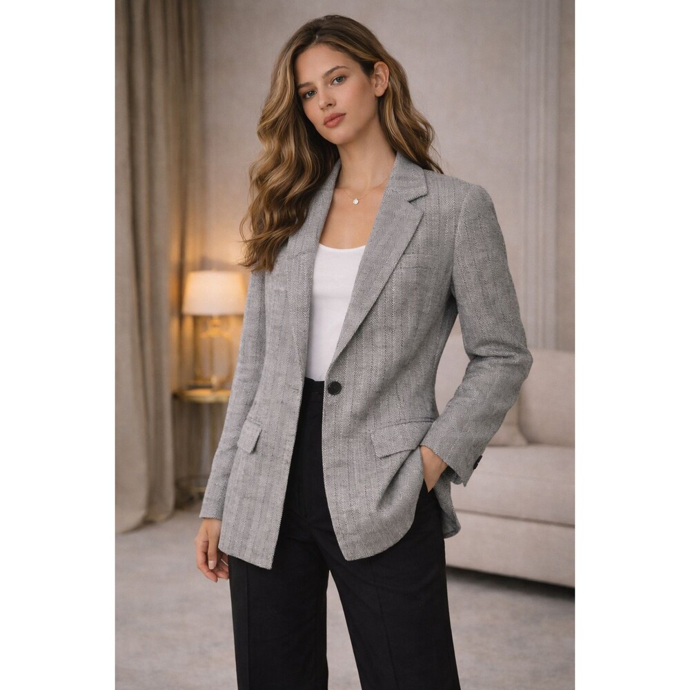 RACHEL COMEY New Gray Herringbone Blazer Linen Cotton 1 Button Womens Size Small
